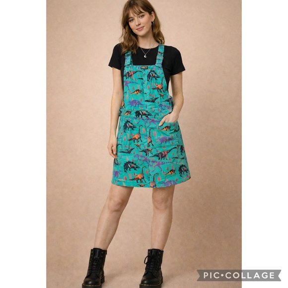 Run & Fly Dresses & Skirts - Run & Fly English Dinosaur Pinafore Dress Green Novelty Dino Overall Dress SZ 16